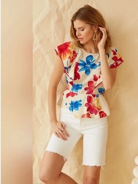 Skies Are Blue Floral Cap-Sleeve Peplum Top in Multicolor